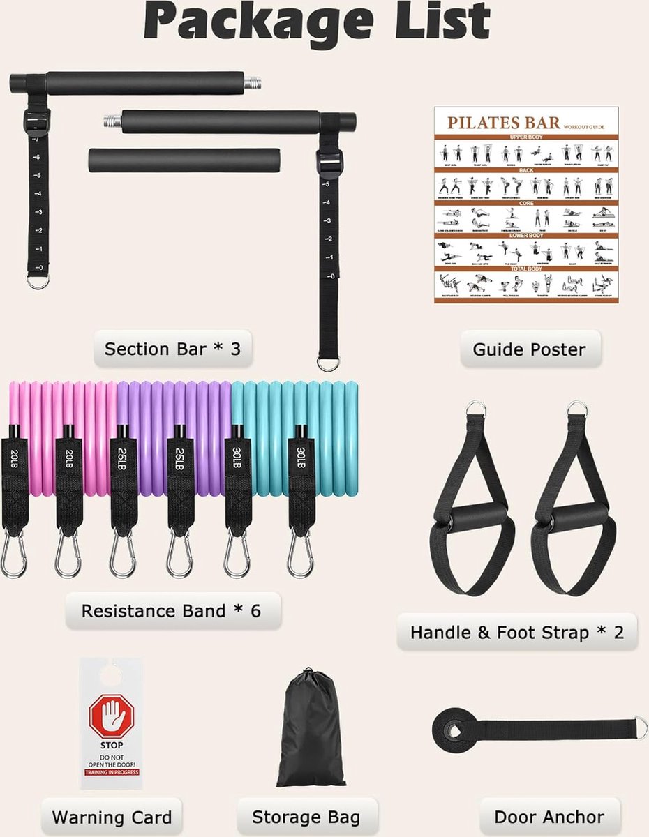 Hommie Pilates Bar Set met 6 latex weerstandsbanden 20-220lbs en deuranker - verstelbare lengte fitnessbanden voor thuis geschikt voor mannen en vrouwen met een lichaamslengte van 150-180 cm Hommie Pilates Bar Set met 6 latex weerstandsbanden 20-220lbs en deuranker - verstelbare lengte fitnessbanden voor thuis geschikt voor mannen en vrouwen met een lichaamslengte van 150-180 cm