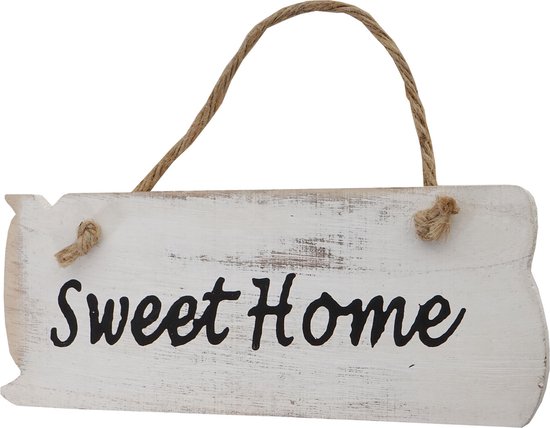 Wandbord Sweet Home, decoratief houten bord, shabby look 10x25x1cm ~ wit