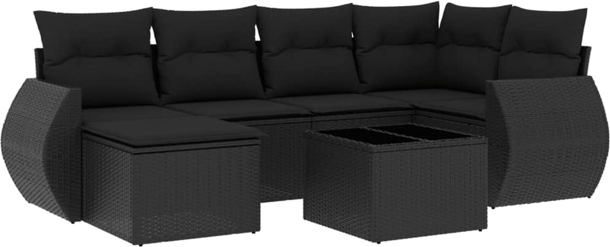 vidaXL 7-delige - Loungeset - met - kussens - poly - rattan - zwart