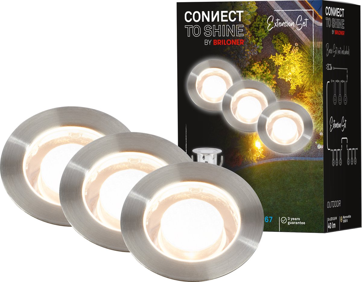 BRILONER Connect to shine - LED Grondspot voor buiten - set van 3 - tuinverlichting uitbreidingsset - warm wit licht - IP67 - Ø4.5x2.5 cm