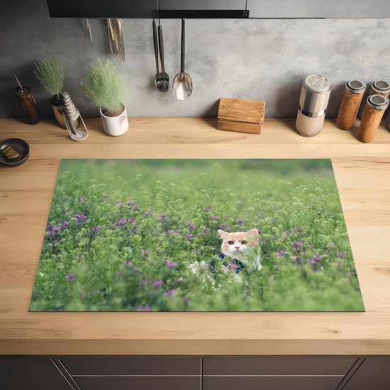 KitchenYeah® Inductie beschermer 81.6x52.7 cm - Kat - Bloemen - Lente - Kookplaataccessoires - Afdekplaat voor kookplaat - Inductiebeschermer - Inductiemat - Inductieplaat mat