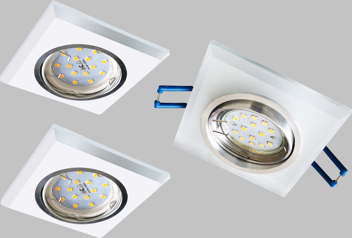 Trango Set van 3 LED plafondspots van gesatineerd glas 6729(S)-03MO (handgeslepen) *CRYSTAL* incl. 3x 5 Watt LED module 3000K warm wit Ultra Flat, Inbouwarmatuur, Inbouwspots, Badkamerverlichting