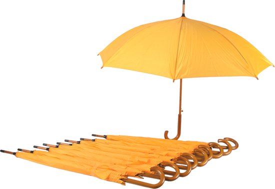 Voordelpak: Set van 10 Automatische 98cm Diameter | Windproof Paraplu's voor Volwassenen | Geel - Unisex Paraplu Met Houten Handvat