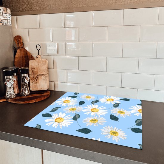 KitchenYeah® Inductie beschermer 59x52 cm - Madeliefjes - Blauw - Patroon - Kookplaataccessoires - Afdekplaat voor kookplaat - Inductiebeschermer - Inductiemat - Inductieplaat mat