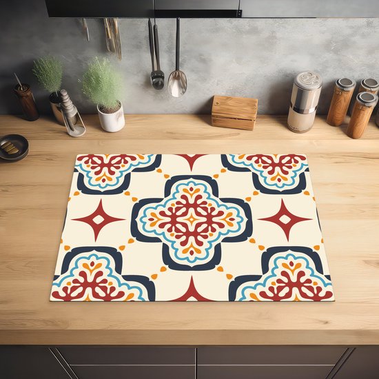 KitchenYeah® Inductie beschermer 71x52 cm - Bloemen - Tegel - Vector - Patroon - Kookplaataccessoires - Afdekplaat voor kookplaat - Inductiebeschermer - Inductiemat - Inductieplaat mat