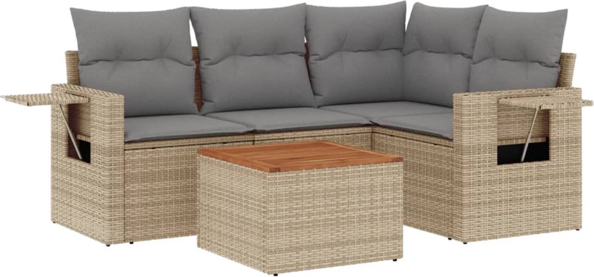 vidaXL 5-delige - Loungeset - met - kussens - poly - rattan - beige