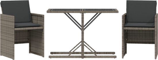 vidaXL Ensemble Set de bistro 3 pièces avec coussins Gris Mobilier de jardin - Ensemble Set de bistro - Meubles tubulaires - Meubles de terrasse - Mobilier Plein air - Set de salon - Ensemble de salle à manger - Set de terrasse - Mobilier de Garden