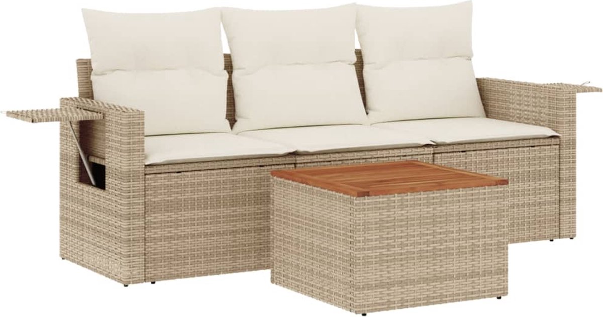vidaXL 4-delige - Loungeset - met - kussens - poly - rattan - beige