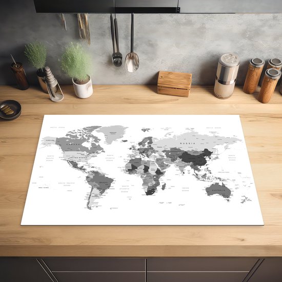 KitchenYeah® Inductie beschermer 81.2x52 cm - Abstracte wereldkaart met grijstinten - zwart wit - Kookplaataccessoires - Afdekplaat voor kookplaat - Inductiebeschermer - Inductiemat - Inductieplaat mat