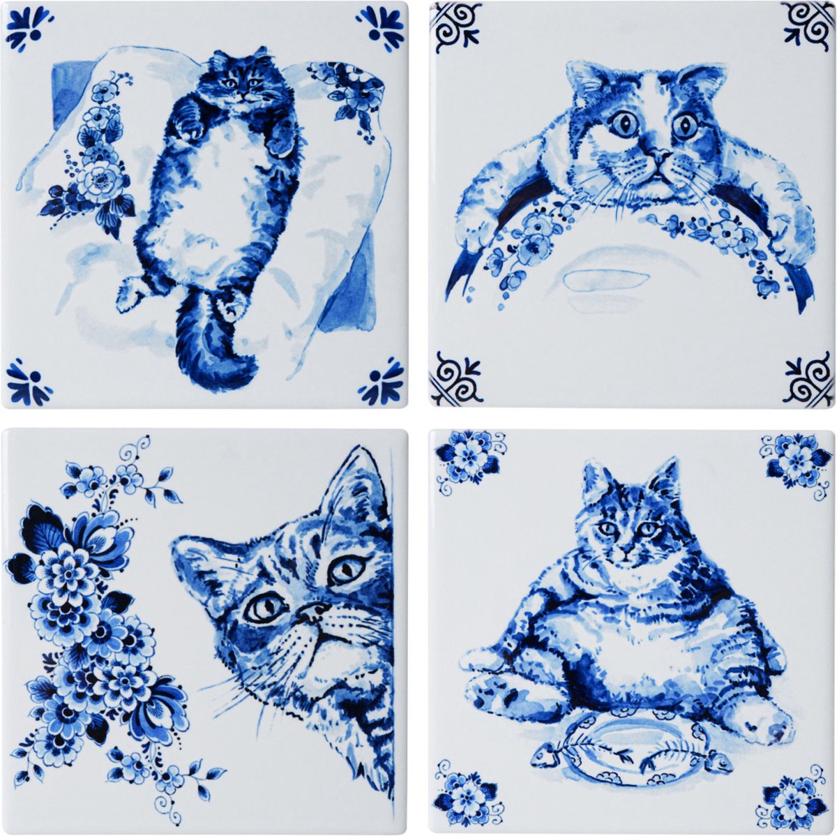 Onderzetters Luie kat - Vierkant - Keramiek - set van 4