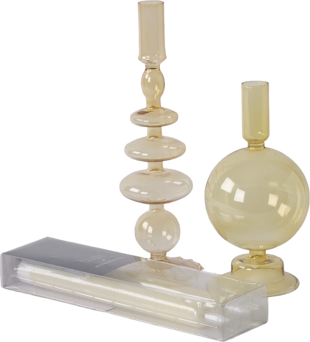WinQ! - S/2 stuks vrolijke oker kleurige Glaskandelaren - incl. led kaarsen met bewegende vlam - ook geschikt voor dinerkaars- Interieur Set