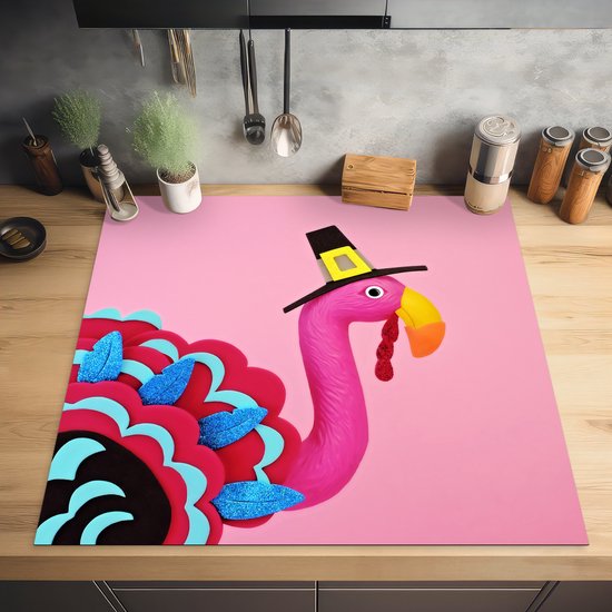 KitchenYeah® Inductie beschermer 78x78 cm - Flamingo in kalkoenkostuum - Kookplaataccessoires - Afdekplaat voor kookplaat - Inductiebeschermer - Inductiemat - Inductieplaat mat
