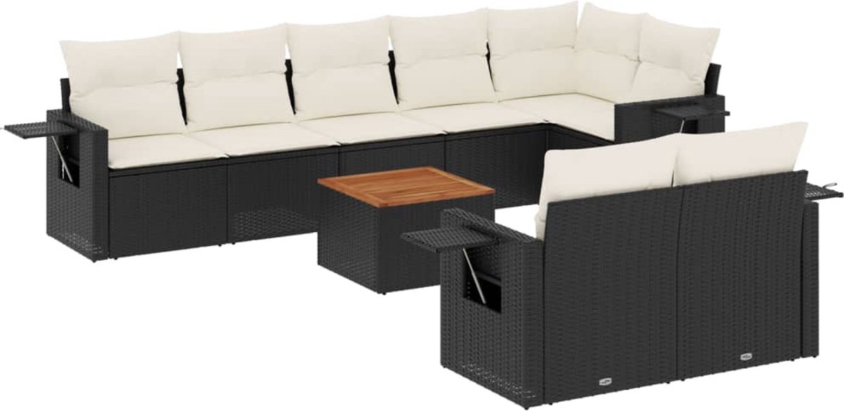 vidaXL 9-delige - Loungeset - met - kussens - poly - rattan - zwart