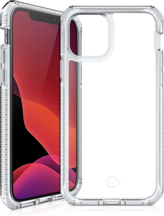 Coque transparente aux côtés nervurés, à côté d'un iPhone rouge et violet.