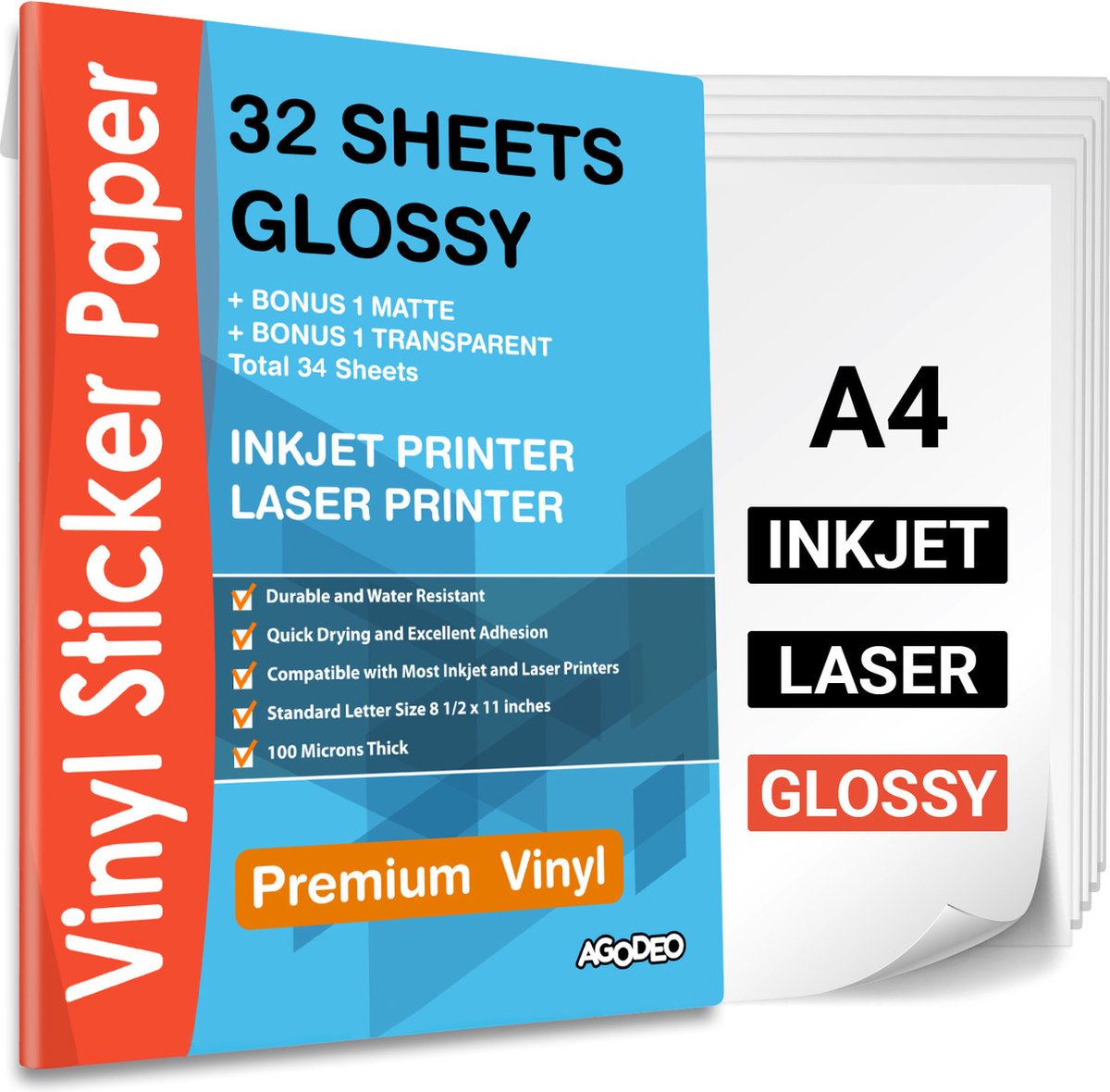 32 Glossy Vinyl Stickervellen A4 Printer Paper - Stickerpapier Voor Printer - Incl. 2 Geschenkvellen - Inkjet & Laser Printer - Waterbestendig - Scheurbestendig - Sneldrogend - Sticker Printer Papier - Sticker Papier - Stickerpapier A4 - AgoDeo