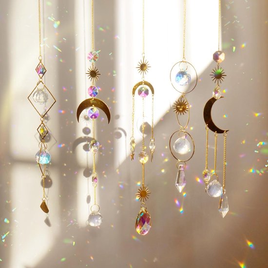 5 stuks zonnevangers kristal hangend windspel regenboog zon maan hanger kristallen ornament kristallen ballen voor raam huis tuin Kerstmis dag feest bruiloft decoratie