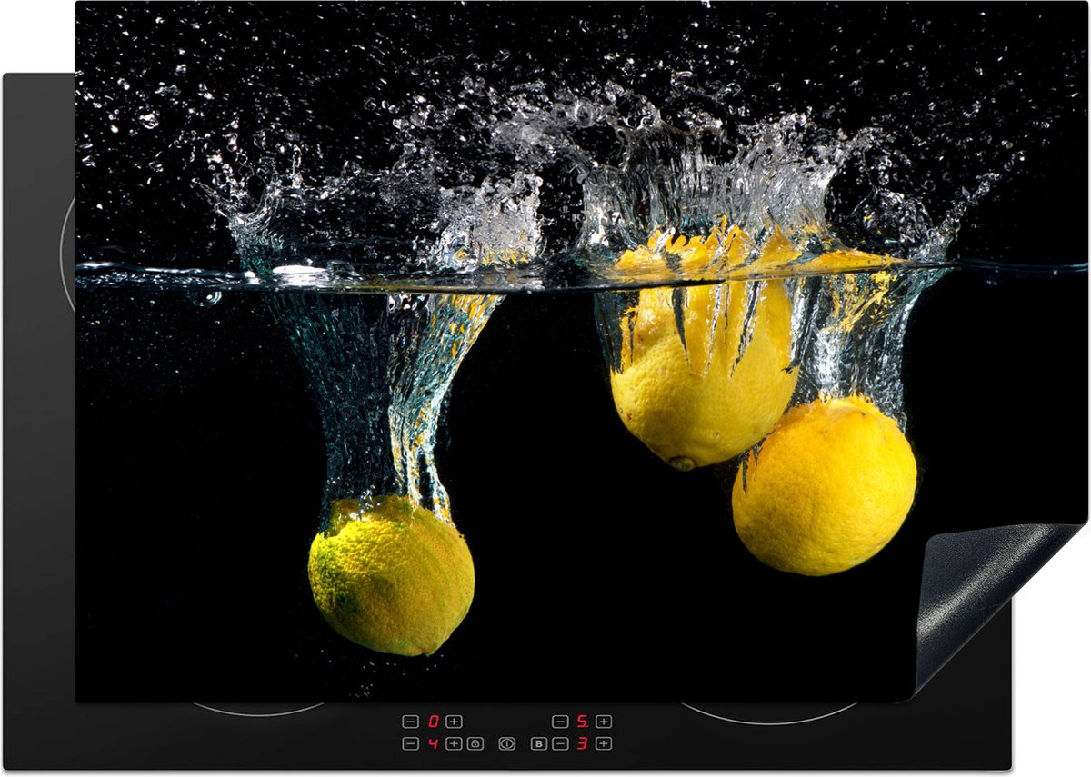 KitchenYeah© Inductie Beschermer 90x52 cm Keuken Decoratie Kookplaat Beschermer voor Inductiekookplaat Afdekplaat Anti Slip Mat - Citroen - Fruit - Geel - Stilleven - Water