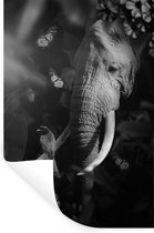 Muurstickers - Sticker Folie - Portret van een olifant en een vogel in de jungle - zwart wit - 40x60 cm - Plakfolie - Muurstickers Kinderkamer - Zelfklevend Behang - Zelfklevend behangpapier - Stickerfolie