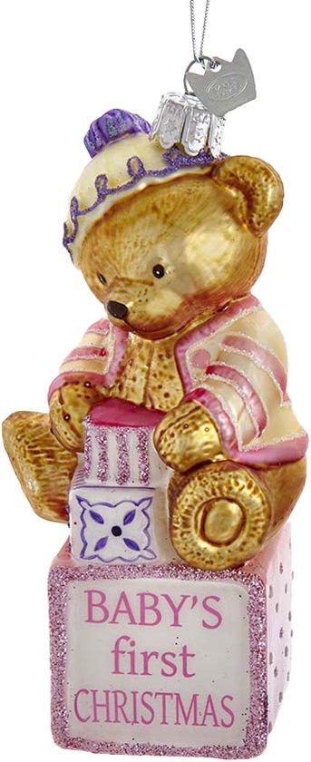 Kurt S. Adler Kerstornament - Baby Beer's Eerste Kerst - kraamcadeau meisje - glas - roze - 13cm