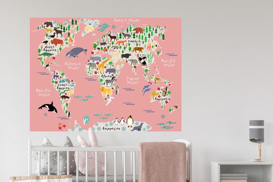 Muurstickers - Sticker Folie - Wereldkaart - Kinderen - Roze - Dieren - 120x90 cm - Plakfolie - Muurstickers Kinderkamer - Zelfklevend Behang - Zelfklevend behangpapier - Stickerfolie