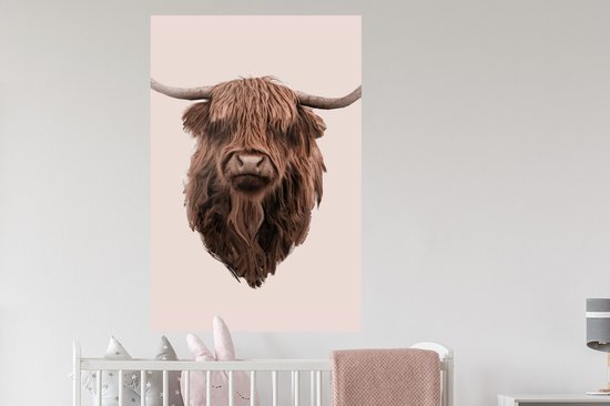 Muurstickers - Sticker Folie - Kop - Schotse Hooglander - Illustratie - 80x120 cm - Plakfolie - Muurstickers Kinderkamer - Zelfklevend Behang - Zelfklevend behangpapier - Stickerfolie