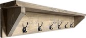 6-haakse steigerhouten wandkapstok met hoedenplank 120cm lang