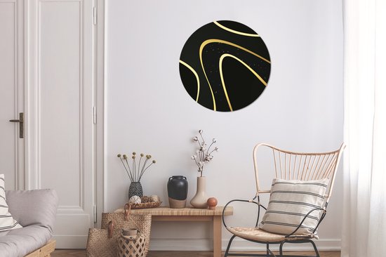 WallCircle - Stickers muraux - Cercle de papier peint - Vagues dorées sur fond noir - 50x50 cm - Cercle mural - Autocollant - Sticker papier peint rond