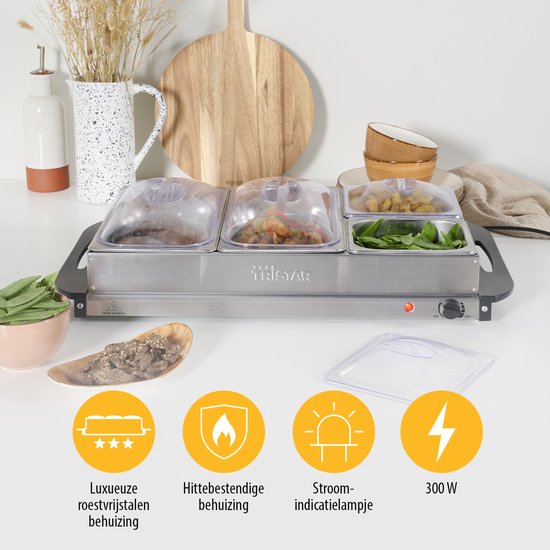 Tristar BP-6285 - Buffetwarmer 300W - Chafing dish - 2 x 2,4 Liter & 2 x 1 Liter - Incl deksel - RVS — afbeelding 4