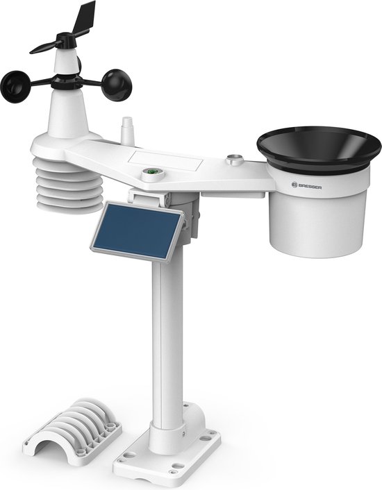 Wit weerstation met anemometer, windvaan, regenmeter en zonnepaneel. Met extra onderdelen.