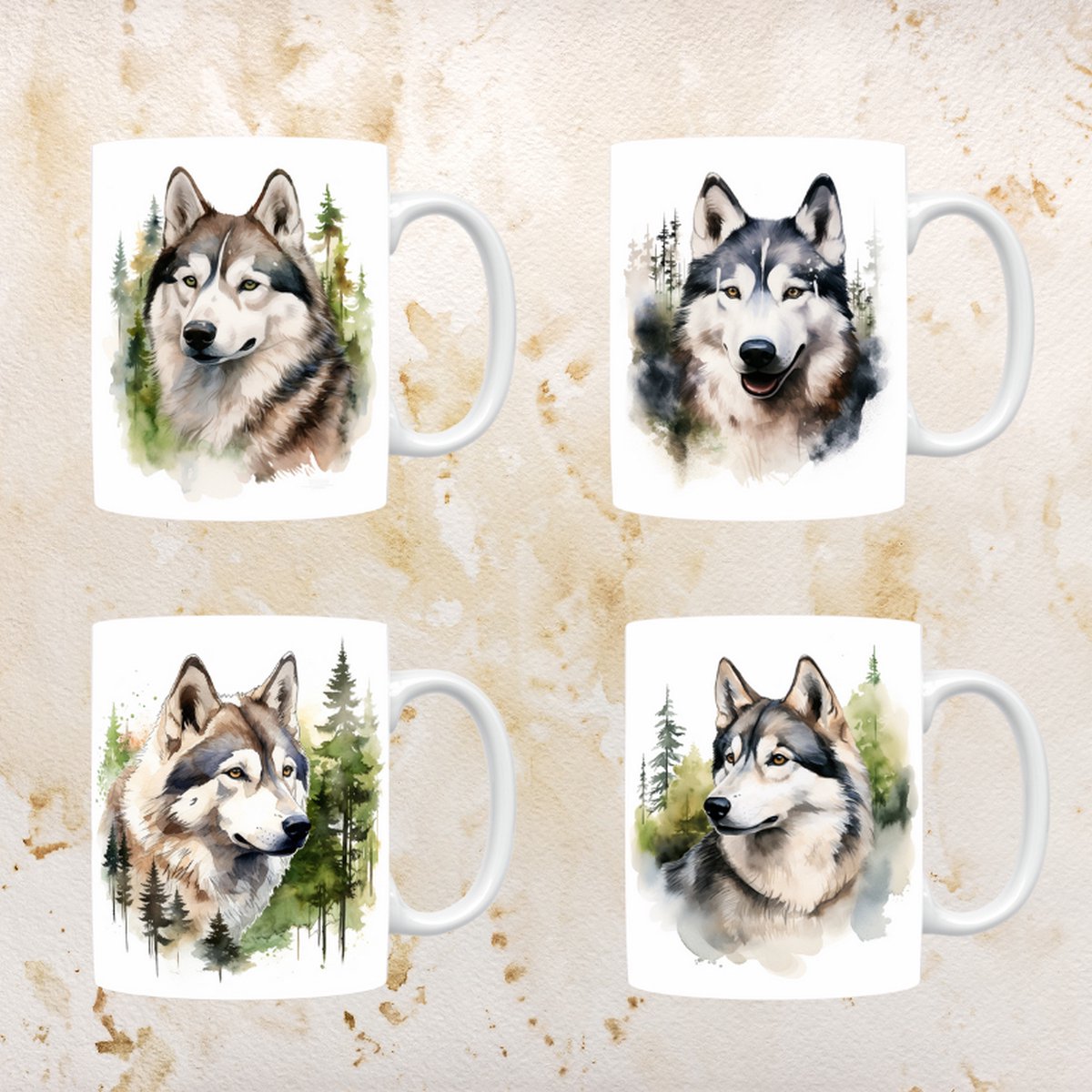 Siberische Husky mokken set van 4, servies voor hondenliefhebbers, hond, thee mok, beker, koffietas, koffie, cadeau, moeder, oma, pasen decoratie, kerst, verjaardag