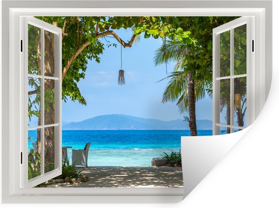 Stickers muraux - Film autocollant - Transparent - Arbre - Mer - Palmier - Collines - Plage - Blauw - 80x60 cm - Film adhésif - Stickers muraux Chambre d'enfant - Papier peint autocollant - Papier peint autocollant - Film autocollant