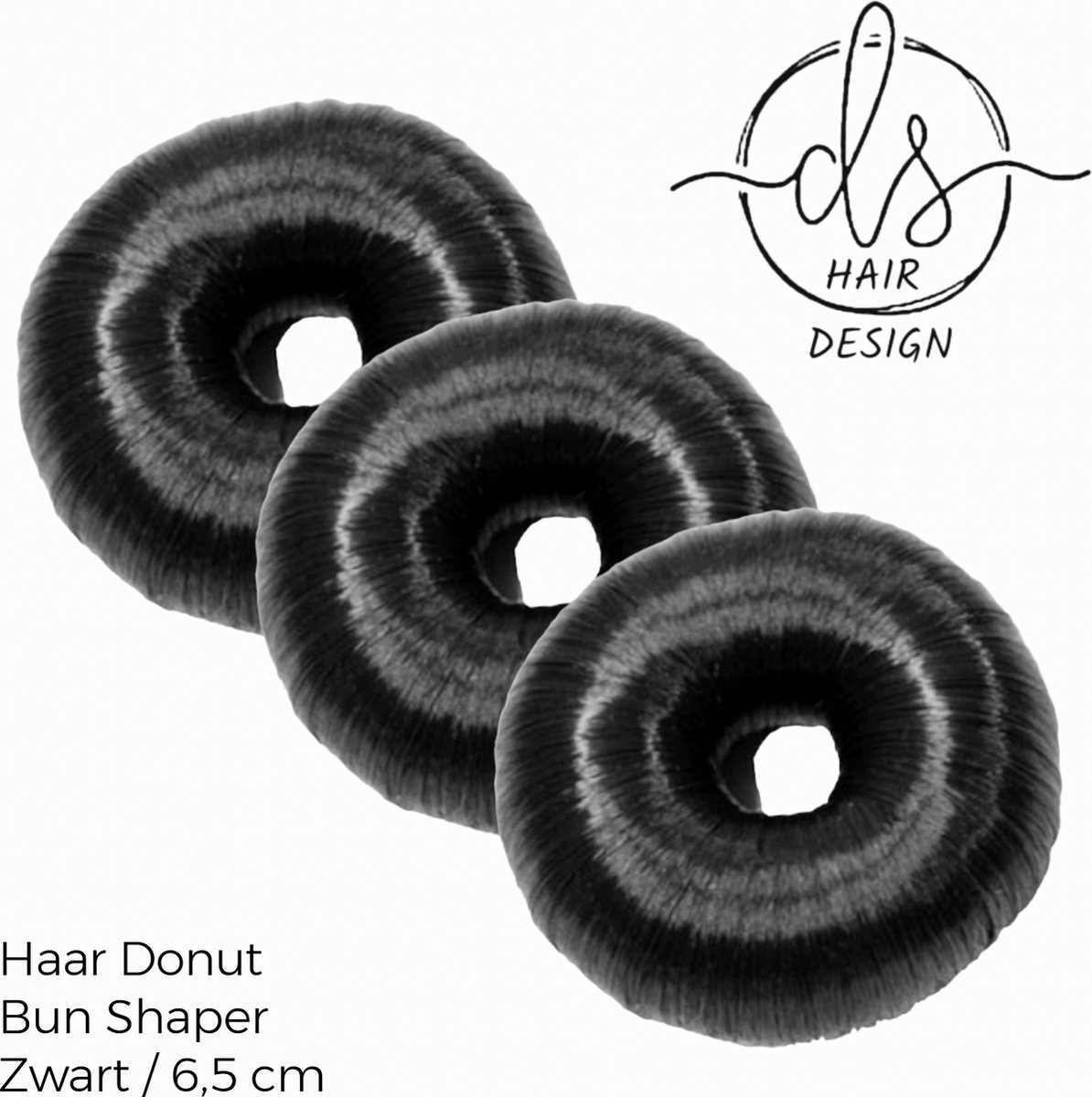 Haar Donut / Bun Shaper met imitatie haar - doorsnede 6,5 cm - zwart - 3 stuks - kinderen jeugd volwassenen - unisex - casual sport feest gala bruiloft