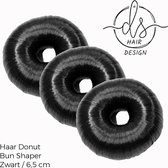 DS Hair Design - Haar Donut / Bun Shaper met imitatie haar - doorsnede 6,5 / 7 cm - zwart - 3 stuks - kinderen jeugd volwassenen - unisex - casual sport feest gala bruiloft