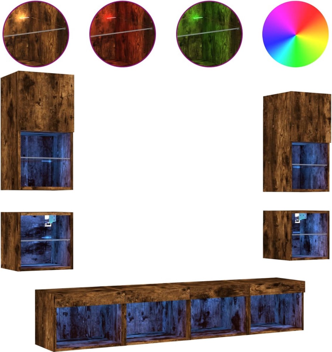 vidaXL - 8-delige - tv-wandmeubelset - met - LED - bewerkt - hout - gerookt - eiken