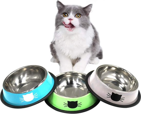 VIKEDI PETS Kattenbak, voederbak kat, 4 stuks, kattenbak, roestvrij staal, antislip, kattenvoerbak, kattenvoerbak, kat, watervoerbak voor katten, kleine honden, dieren