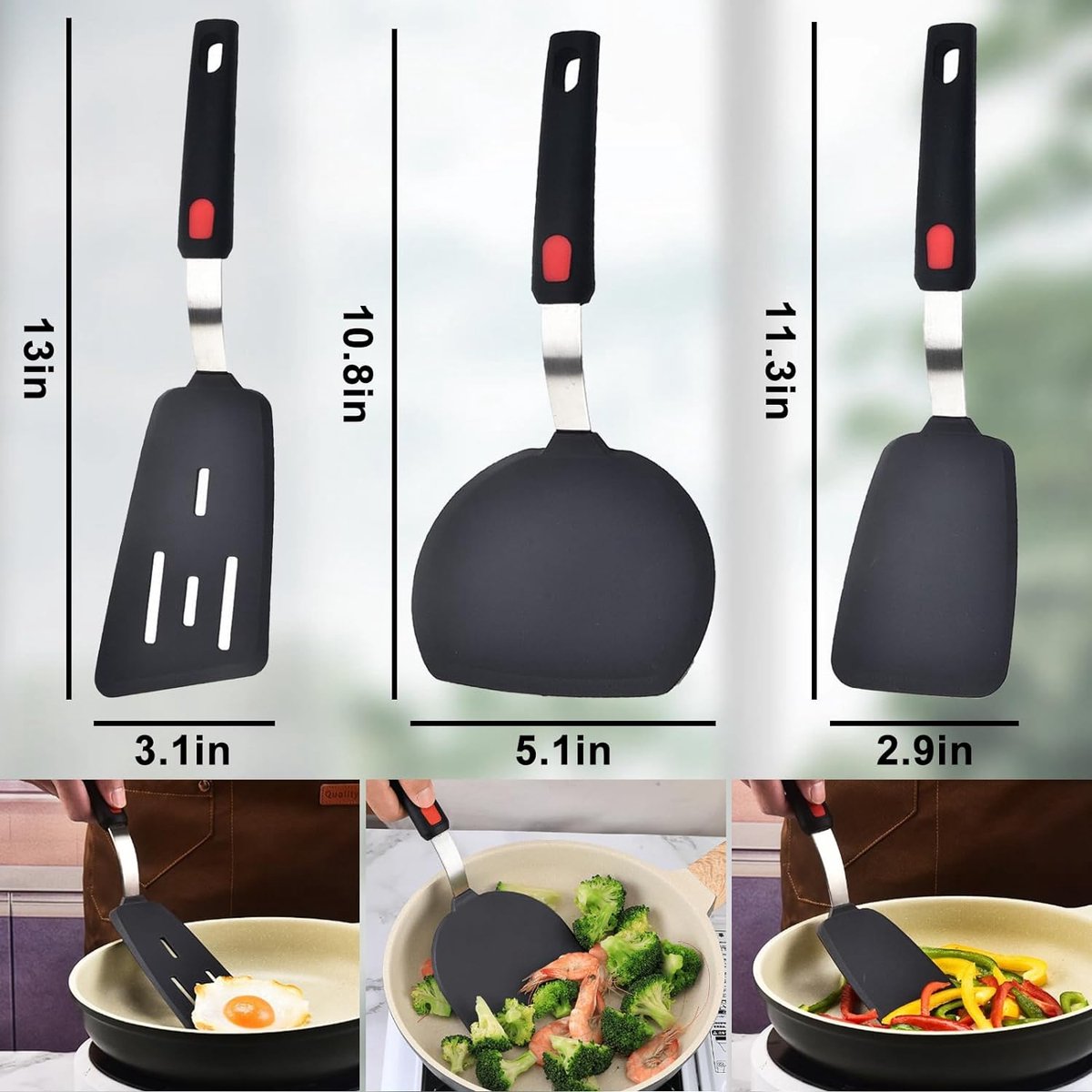 Spatules En Silicone Sans BPA - Lot De 2 (1 Fendue, 1 Fixe) - Résistantes à La Chaleur Jusqu'à 230°C - Pour Poêles Anti-adhésives