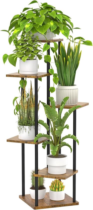 IBUYKE TMJ072H Houten plantenstandaard, 4 etages, bloemenstandaard, 108 cm hoog, plantenrek voor meerdere planten, rustiek bruin