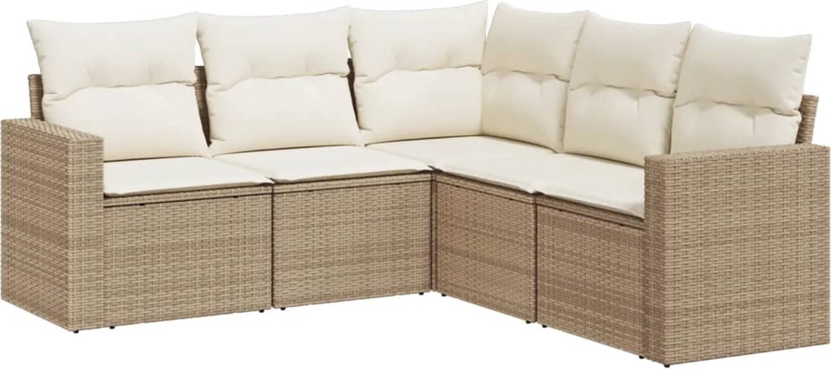 vidaXL 5-delige - Loungeset - met - kussens - poly - rattan - beige
