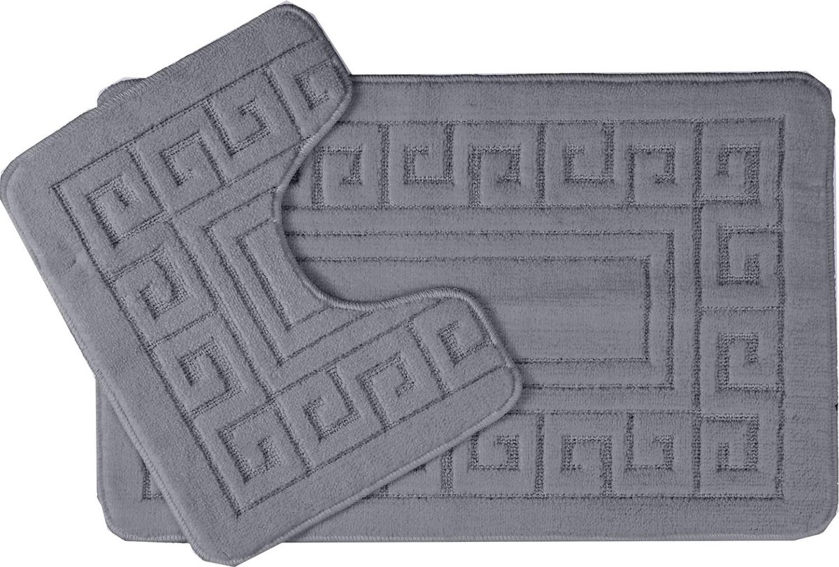 Anti-slip badmat in Griekse stijl - Set van 2 badmatten - Inclusief 1 badmat (50 × 80 cm) en 1 toiletmat (50 × 40 cm) - houtskool
