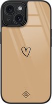 Coque iPhone 15 verre - Coeur marron - Marron/beige - Hard Case Zwart - Coque arrière téléphone - Geen d'impression - Casimoda