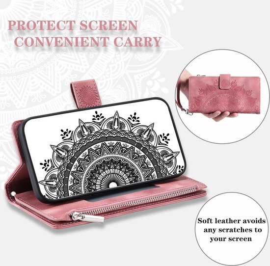Samsung Galaxy A25 5G - Portefeuille avec fermeture éclair - book case cover - espace pour 8 cartes - mandala rose
