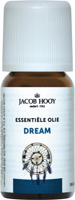 Jacob Hooy Essentiële Olie Dream in een bruin flesje met witte dop. Label met dromenvanger.