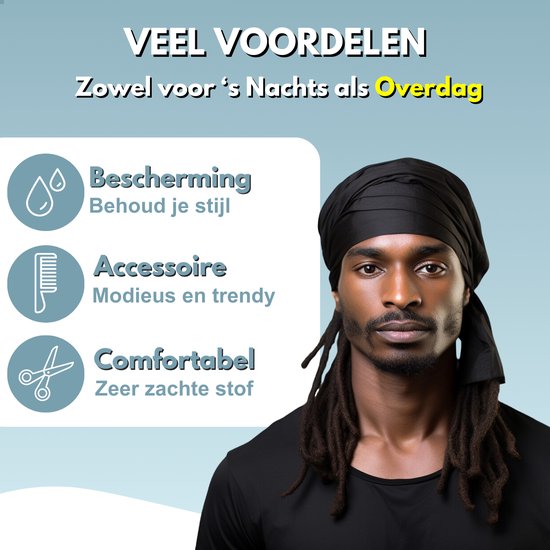 Een man met dreadlocks en een zwarte durag. Links drie iconen met tekst: 'Bescherming', 'Accessoire', 'Comfortabel'. Tekst bovenaan: 'VEEL VOORDELEN', 'Zowel voor 's Nachts als Overdag'.