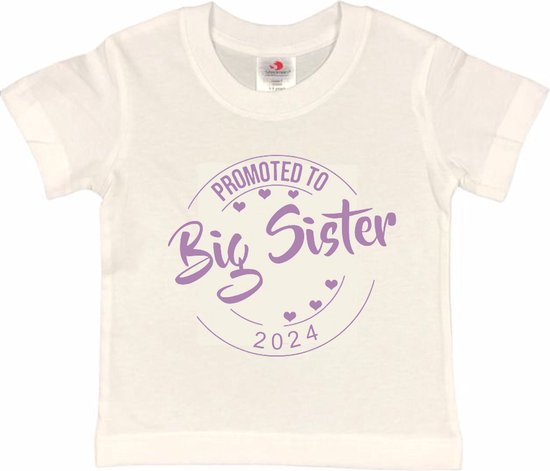 Shirt Aankondiging zwangerschap Promoted to Big Sister 2024 | korte mouw | wit/lila | maat 98/104 zwangerschap aankondiging bekendmaking Baby big sis sister Grote Zus