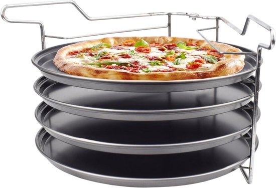 Pizzaplaat, rond, 28 cm, set van 4, pizzaplaat met antiaanbaklaag, gezond, niet giftig, gemakkelijk te reinigen, pizzavorm voor bakken en serveren