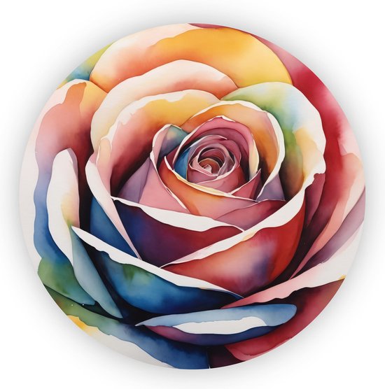 Roos in waterverf schilderij - Kleurrijk schilderij rond - Muurdecoratie rond bloemen - Wanddecoratie kinderkamer - Muurcirkels - Schilderijen - 90 x 90 cm 5mm