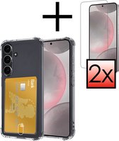 Hoes Geschikt voor Samsung S24 Hoesje Pasjeshouder Cover Shock Proof Case Siliconen Hoes Met Kaarthouder Met 2x Screenprotector - Transparant