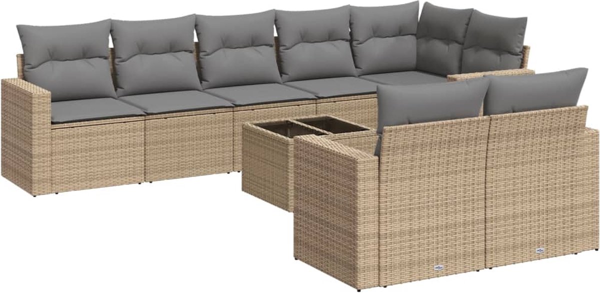 vidaXL 9-delige - Loungeset - met - kussens - poly - rattan - beige