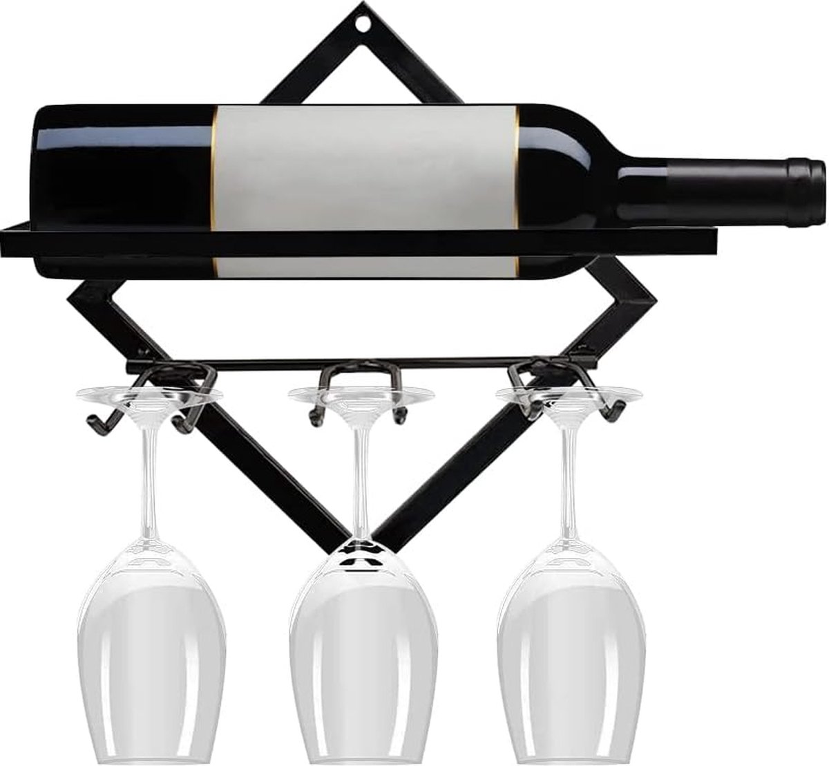 Wandgemonteerd metalen wijnrek, opvouwbare wijnflessenrekken met 3 glaswerkhouders, hangende plank voor thuis, keuken, woonkamer, bar, wanddecoratie (zwart)