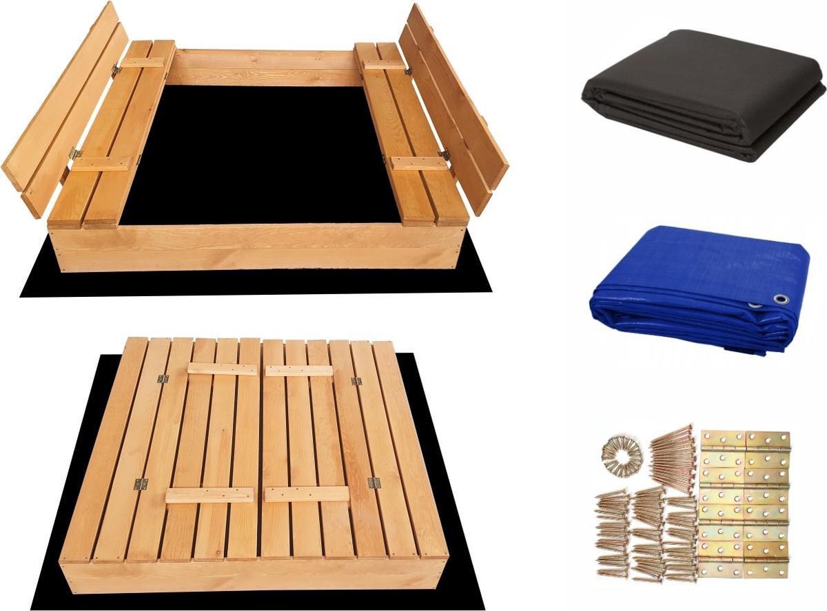 Afsluitbare XL Zandbak met Banken 140x140 cm – Gecertificeerd & Geïmpregneerd Hout | Incl. AFDEKZEIL & GRONDDOEK | Voor 2-3 Kinderen — afbeelding 19